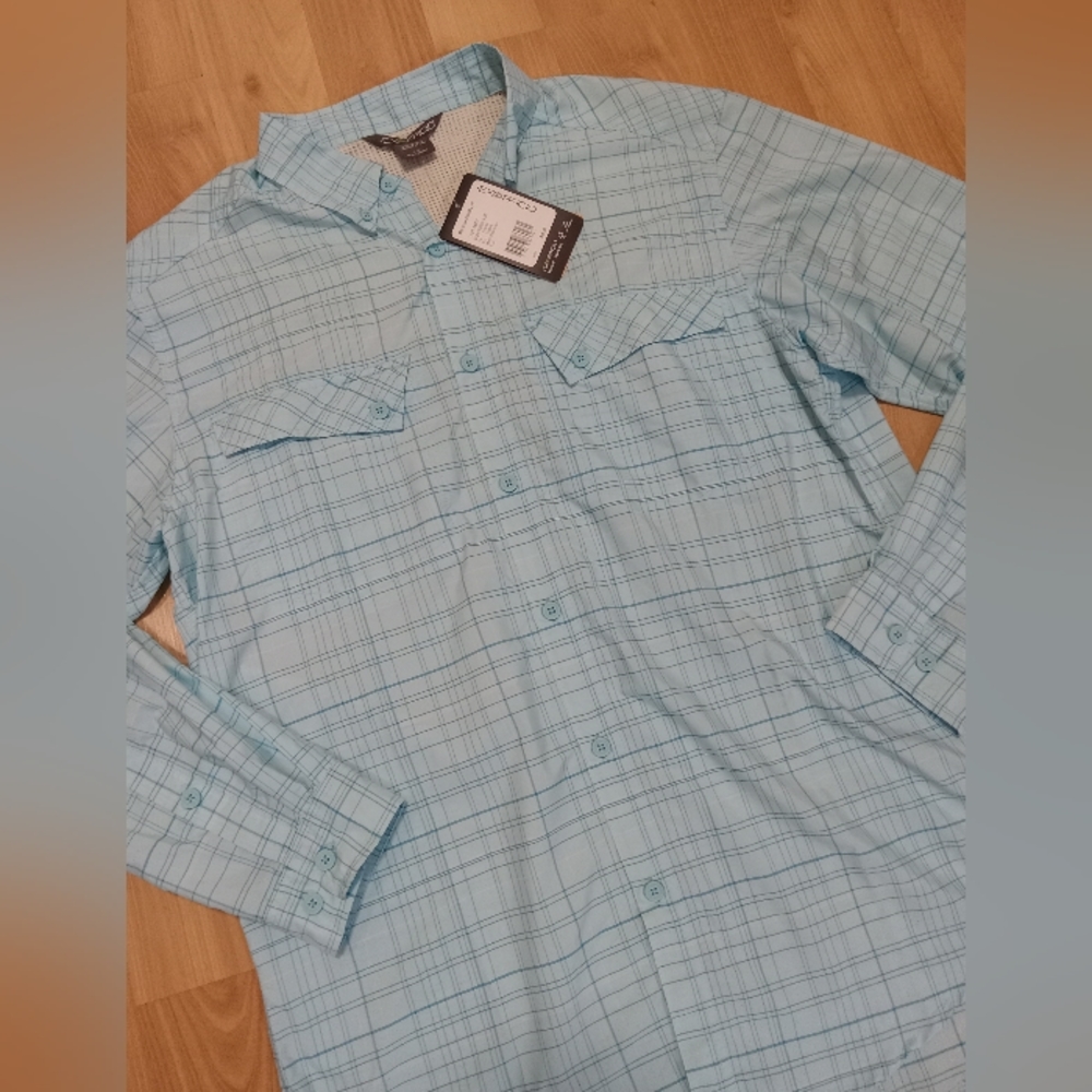 ExOfficio Shirt Men's Large Long Sleeve Button Up Lightweight Light Blue Outdoor